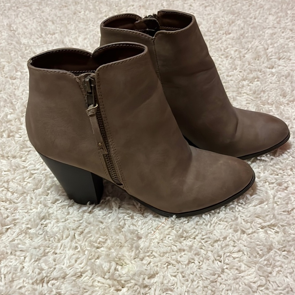 Light Brown Heeled Bootie with Dark Brown 3.5 inch Heel and Zipper with Tassel
